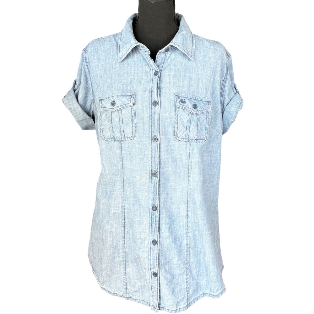 Carhartt Denim Shirt Womens Large Light Wash Short Sleeve Button Down Utility L
